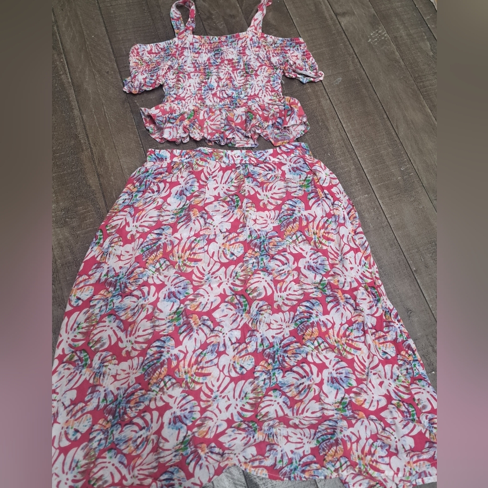 Girls 7/8 Tropical Skort & Smocked Crop Top Set Pink Palm Leaf Summer Outfit 💟